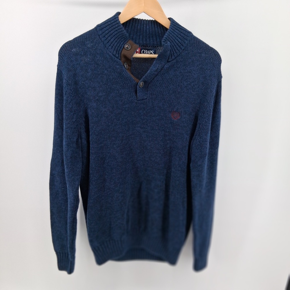 Chaps Mens Sweater Blue Button Mock Neck Sz M Elbow Patch Knit Dark Academia